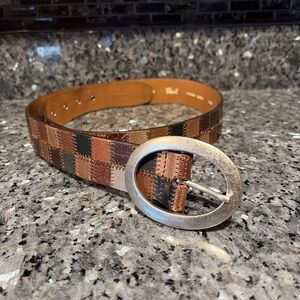 Y2K Fossil Patchwork Leather Belt Womens Large Multicolor Oval Nickel Buckle 90s